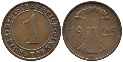 ГЕРМАНИЯ 1 РЕЙХСПФЕННИГ 1925 E KM 37, J. 313 бронза 39-865