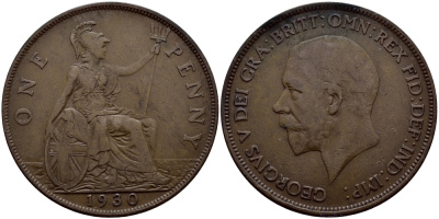 Великобритания 1 пенни 1930 Георг V (1910-1936) КМ 838, Spink 4055 бронза 4110-1014