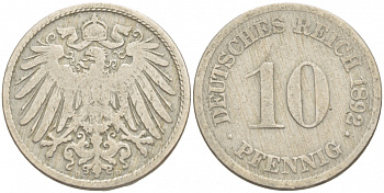 ГЕРМАНИЯ 10 ПФЕННИГОВ 1892 D KM 12, J 13 медно-никель 4539-1011