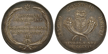 Германия медаль 1816 на заключение союза Франциском Австрийским и королевой Баварии Каролиной Августой  серебро    413-1715