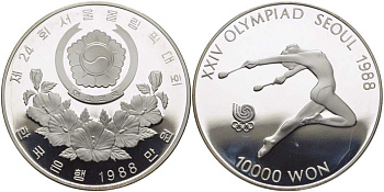 Южная Корея 10000 вон 1988 XXIV Летние Олимпийские игры в Сеуле 1988 года, художественная гимнастика KM 74 серебро PROOF 1078-8-32