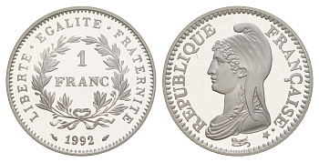 Франция 1 франк 1992 200 лет Французской республике, в оригинальной коробке, сертификат KM 1005 серебро  PROOF  1-6-4-19
