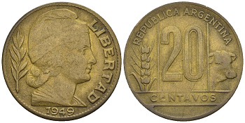 Аргентина 20 сентаво 1949 голова свободы вправо KM 42, CJ 203, Schon 45 алюминиевая бронза    60-925