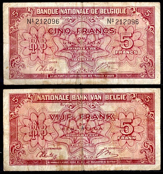 Бельгия 5 франков 1943 Pick 121 бумага 7457-28-3-1
