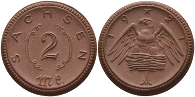 Саксония 2 марки 1921 J. N 56 фарфор 1094-2-33