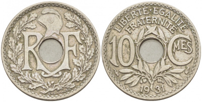 ФРАНЦИЯ 10 САНТИМОВ 1931 ТИП ЛИНДАЙЁ KM 866а, LE FRANC 138.18 медно-никель 98-146
