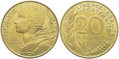 ФРАНЦИЯ 20 САНТИМОВ 1977 ТИП MARIANNE KM 930, LE FRANC 156.17 медь алюминий никель 175-843