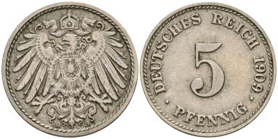 Германия 5 пфеннигов 1909 D, KM 11, J. 12 медно-никель 4608-846