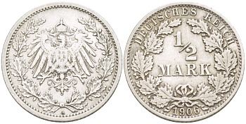 ГЕРМАНИЯ 1/2 МАРКИ 1906 А KM 17, J. 16, Weege 16 серебро 216-954