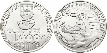 Португалия 1000 эскудо 1999 1000 лет плаванию по Атлантике, EXPO 98 KM 721 серебро UNC 1081-6-31