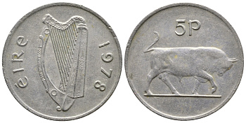 ИРЛАНДИЯ 5 ПЕНСОВ 1978 БЫК KM 22 медно-никель 4110-922