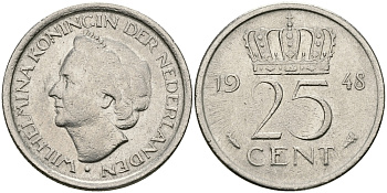 НИДЕРЛАНДЫ 25 ЦЕНТОВ 1948 ВИЛЬГЕЛЬМИНА KM 178 никель 46-2447