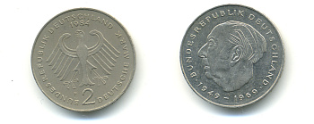 ФРГ 2 марки 1984 F, Теодор Хойс KM 127, J. 407 медно-никель плакированный никелем 83-1857