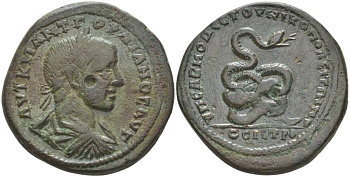 Римская Империя, Провинция Нижняя Мезия, Никополь-на-Истре АЕ 238 - 244 Гордиан III, бюст императора / змея, 12,64 гр Pick, Dacien & Moesien I, 1, S. 518, 2105 медь 1073-22-24