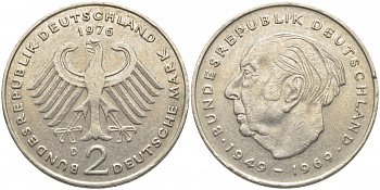 ФРГ 2 МАРКИ 1976 D, ТЕОДОР ХОЙС KM 127, J. 407 медно-никель плакированный никелем 3856-337