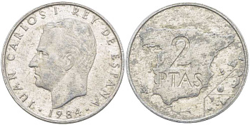ИСПАНИЯ 2 ПЕСЕТЫ 1984 ХУАН КАРЛОС I (1975-), КАРТА KM 822 алюминий 213-147