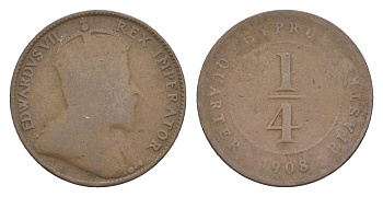 Кипр 1/4 пиастра 1908 Эдуард VII (1901-1910), редкий год, тираж 36.000 экземпляров KM 8 бронза 4127-1131