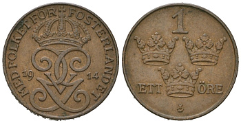 Швеция 1 эре 1914 закрытая 4, Густав V (1907-1950) KM 777.2 бронза 4611-344