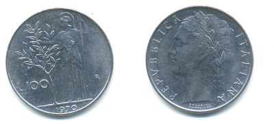 ИТАЛИЯ 100 ЛИР 1970 R АФИНА KM 96.1 сталь 3999-333