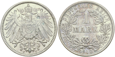 Германия 1 марка 1910 F Weege 18, J. 17, KM 14 серебро aUNC 65-234