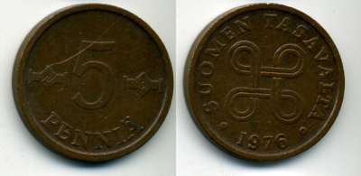 ФИНЛЯНДИЯ 5 ПЕННИ 1976 KM 45 медь 61-1222