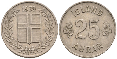 Исландия 25 эйре 1959 KM 11 медно-никель 4564-1242