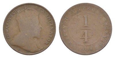 Кипр 1/4 пиастра 1908 Эдуард VII (1901-1910), редкий год, тираж 36.000 экземпляров KM 8 бронза 4127-1131