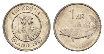 Исландия 1 крона 1987 треска KM 27 медно-никель 4691-535