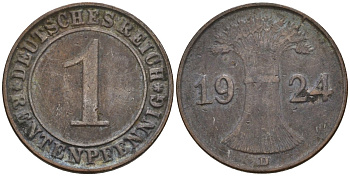 Германия 1 рентенпфенниг 1924 D KM 30, J. 306 бронза 4549-442