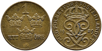 Швеция 1 эре 1939 Густав V (1907-1950) KM 777.2 бронза 4387-1219