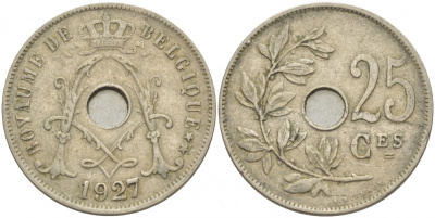 БЕЛЬГИЯ 25 САНТИМОВ 1927 BELGIQUE KM 68.1 медно-никель 4529-1117