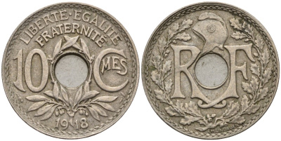 Франция 10 сантимов 1918 тип Линдайё KM 866a, Le Franc 138.3 медно-никель 4143-837