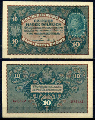 Польша 10 марок 1919 Pick 25 (1) бумага UNC (пресс) 7552-24-1-2