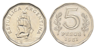 Аргентина 5 песо 1961 KM 59 сталь плакированная никелем UNC 4664-167