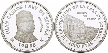 Испания 2000 песет 1998 серия 300 лет дому Бурбонов, музей Прадо, бюст Фердинанда VII KM 1036 серебро  PROOF  11-255-14