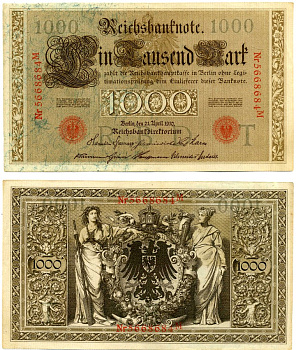 ГЕРМАНИЯ 1000 МАРОК 1910 21 АПРЕЛЯ 1910, КРАСНАЯ ПЕЧАТЬ, 7 ЦИФР В НОМЕРЕ СЕРИИ, БУКВА T, СЕРИЯ М, ВЫПУСК СЕНТЯБРЬ 1922 ГОДА, №5668684 Pick 44b, Розенберг 45с бумага XF 6278-48-3-1