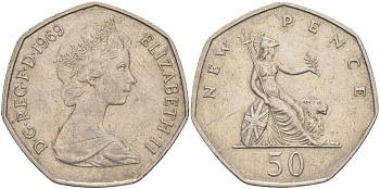 Великобритания 50 пенсов 1969 Елизавета II (1952-2022) KM 913, Spink 4223 (H1) медно-никель 114-811