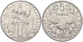 Французская Новая Каледония 5 франков 2012 птица кагу, (IEOM) KM 16, Schoen 12, Lec 81k алюминий 4111-1134