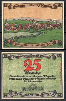 Браунлаге (Брауншвейг) 25 пфеннигов 1921 Mehl Grabowski 153.1-2/3 бумага UNC (пресс) 7556-54-3-1