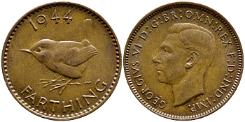 Великобритания 1 фартинг 1944 Георг VI (1936-1952) KM 843, Spink 4116 бронза 08-543