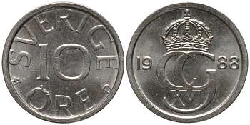 Швеция 10 эре 1988 Карл XVI Густав (1973- ) KM 850 медно-никель 116-467
