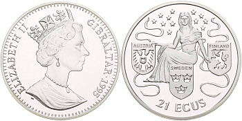 Гибралтар 21 экю 1995 ЕВРОПА И ТРИ ГЕРБА АВСТРИИ, ШВЕЦИИ И ФИНЛЯНДИИ, ПРОБА 925, ВЕС 19,2 ГР., ТИРАЖ 15000 ЭКЗ. KM 498 серебро PROOF 1088-9-64
