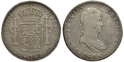 Мексика 8 реалов 1815 JJ, Фердинанд VII Испанский (1808-1821) KM 111 серебро 11-275-11