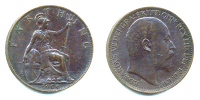 Великобритания 1 фартинг 1906 Эдуард VII (1901-1910), KM 792, Spink 3992 бронза 4384-231