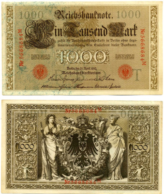 ГЕРМАНИЯ 1000 МАРОК 1910 21 АПРЕЛЯ 1910, КРАСНАЯ ПЕЧАТЬ, 7 ЦИФР В НОМЕРЕ СЕРИИ, БУКВА T, СЕРИЯ М, ВЫПУСК СЕНТЯБРЬ 1922 ГОДА, №5668684 Pick 44b, Розенберг 45с бумага XF 6278-48-3-1