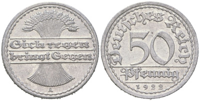Германия 50 пфеннигов 1922 A KM 27 алюминий aUNC 31-426
