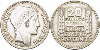 Франция 20 франков 1933 Пьер Тюрен KM 879, Le Franc 400.3 серебро 1515-344