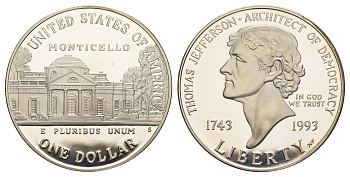 США 1 доллар 1993 S, 250 лет со дня рождения Томаса Джефферсона KM 249 серебро PROOF 11-266-21