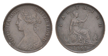 Великобритания 1 фартинг 1861 Виктория (1837-1901) KM 747.2, Spink 3958 бронза 4630-144