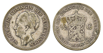 Нидерланды 1/2 гульдена 1928 Вильгельмина (1890-1948) KM 160 серебро 4623-718